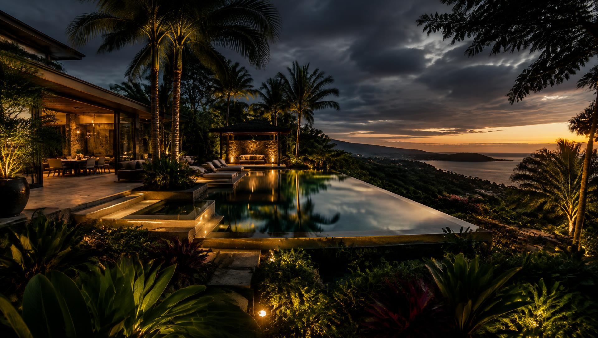 Jardín tropical con piscina en una propiedad residencial