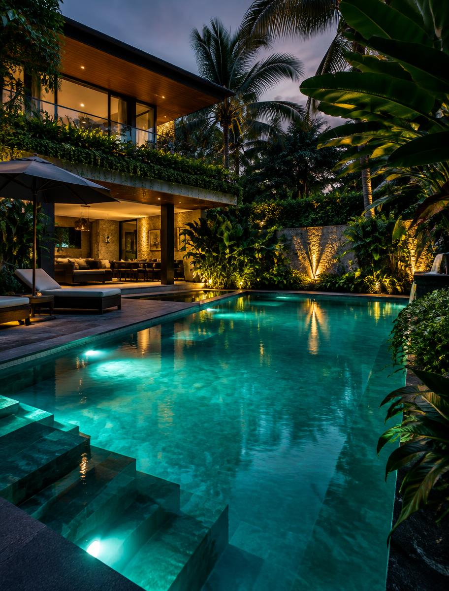 Piscina residencial limpia al atardecer